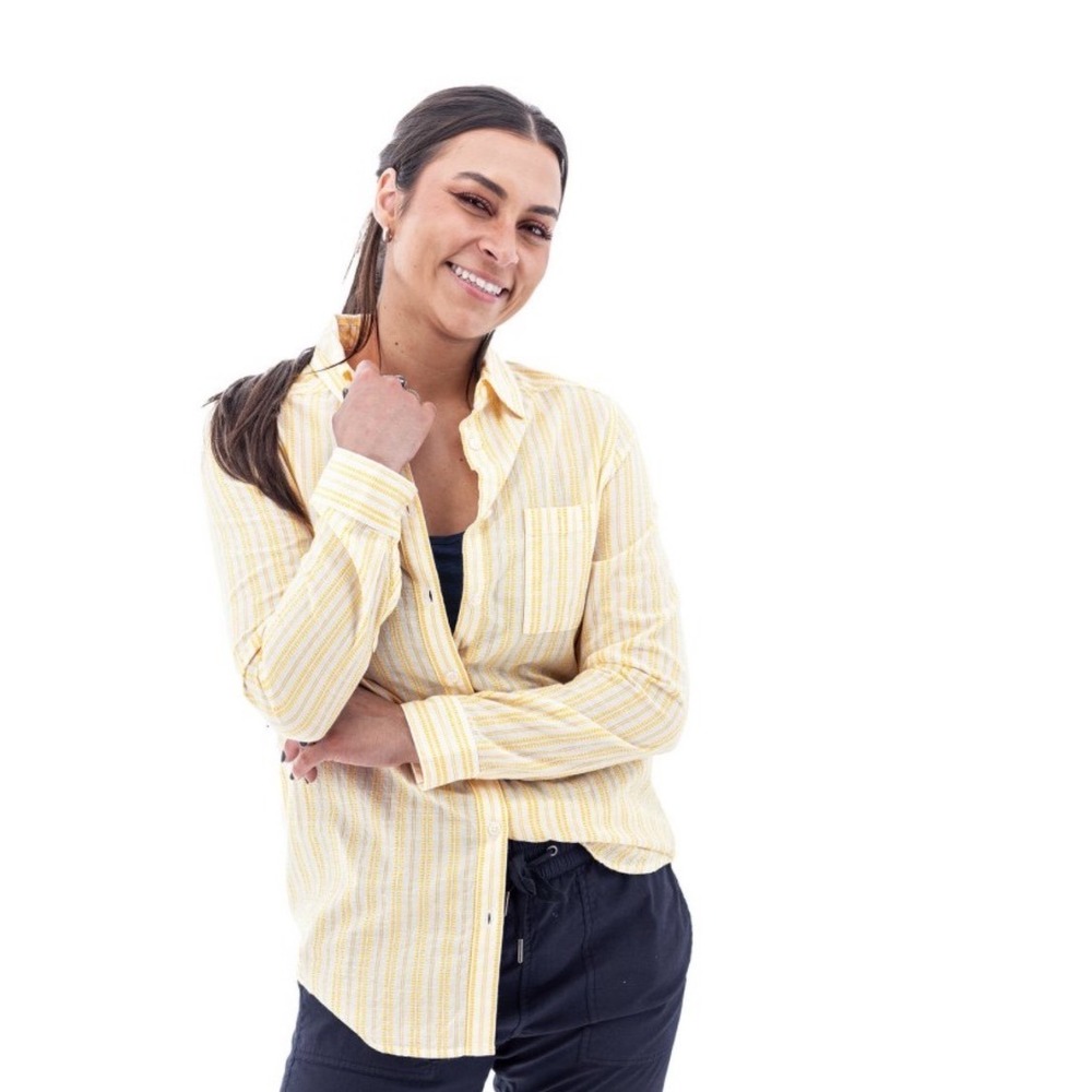 Aventura Women's Striped Button Down Shirt Yellow‎ White Organic Cotton Size S